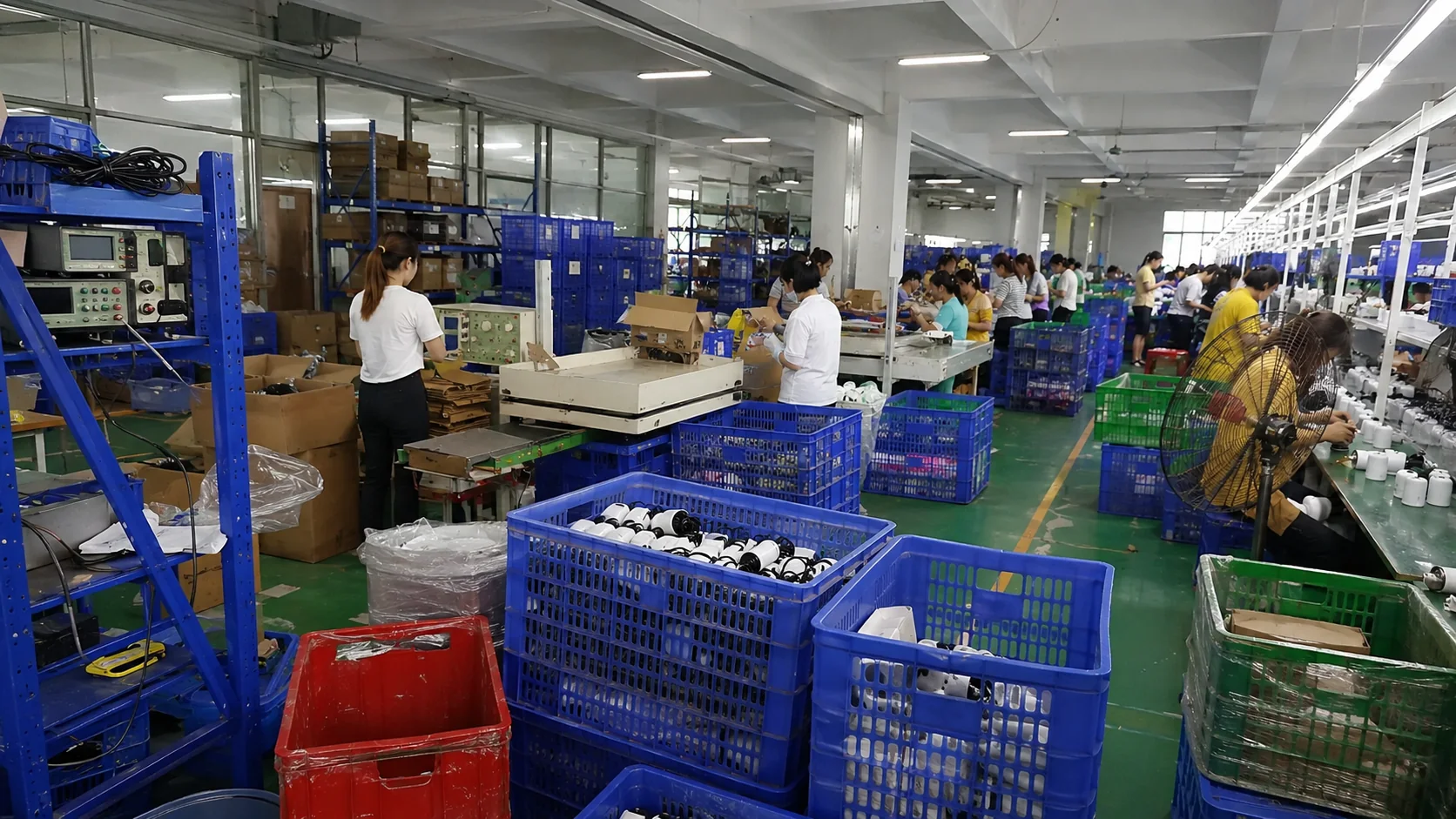 Factory assembly floor with bins, workstations, and cartons for rechargeable appliance production
